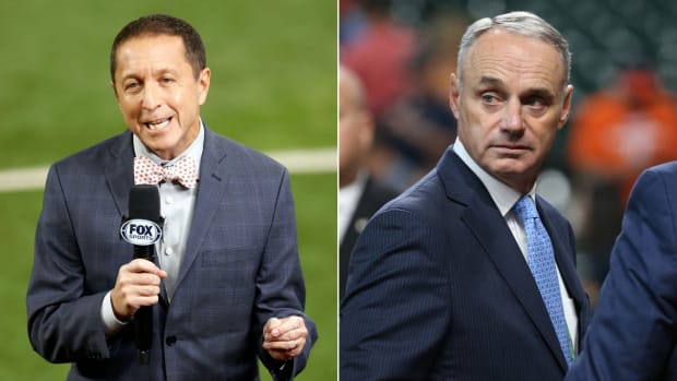 Ken Rosenthal reporting for Fox Sports (left) and Rob Manfred on the field before a game (right)